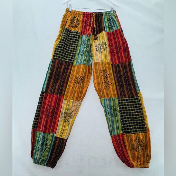 100% cotton Pants - EUC Patchwork Cotton Boho Hippy Yoga Pants Wide Trousers Made in Nepal Medium